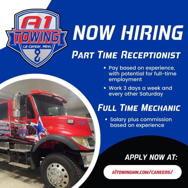 🔧 Join Our Team at A1 Towing!

Looking for a new career opportunity? A1 Towing has two exciting job openings available:

Part-Time Receptionist/Bookkeeper:

-Responsibilities include customer greetings, phone call handling, service scheduling, billing, U-Haul rental dispatch, and work order entry
-QuickBooks experience preferred
-Pay based on experience, potential for full-time role

Full-Time Mechanic:

-Independent work capability with minimal supervision
-Must possess knowledge of suspension and engine components
-Tasks include oil changes, tire services, four-wheel alignments, and some towing

Ready to join our team? Apply now at https://a1towingmn.com/careers/ and embark on your journey with A1 Towing today! 🚗💼
